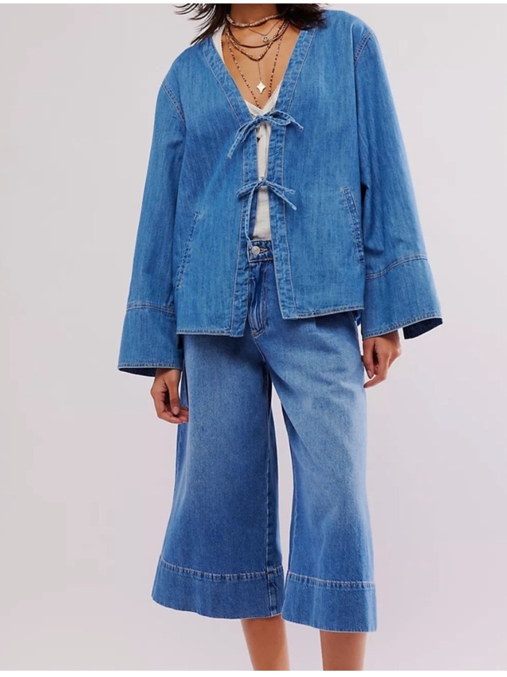 Free People Dragonfly Blue Denim Jean Jacket with Ties size Large 100% Cotton - Picture 1 of 13